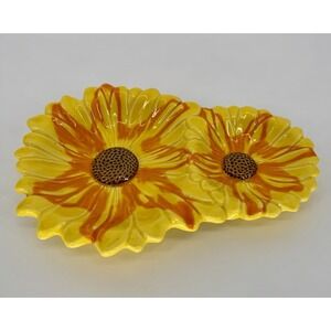 Mid Century Sunflower Pottery Dish Divided Santa Anita California Yellow Orange